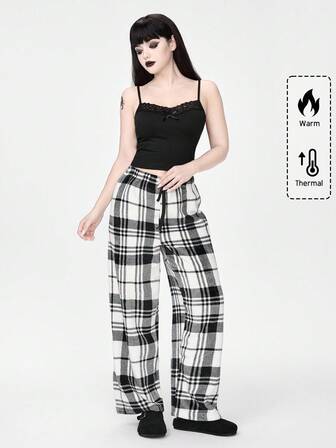 Women's Gothic Solid Color Lace Camisole Top & Plaid Flannel Pants Casual Pajama Set, Winter Clothes
