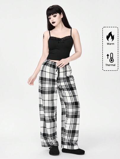 Women's Gothic Solid Color Lace Camisole Top & Plaid Flannel Pants Casual Pajama Set, Winter Clothes