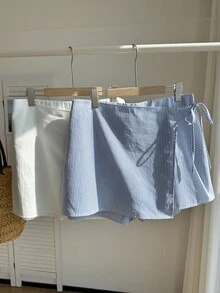 Comfortcana 大码女式 2 件套夏季休闲亚麻蝴蝶结条纹裤裙和白色抽绳裹身短裤套装，适合海滩度假 - 藍白色 - 查看 4