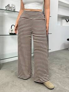 SHEIN EZwear 大码女式条纹阔腿宽松休闲裤 - 彩色 - 查看 6