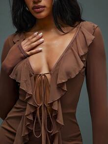 Hauture Women's Solid Color Ruffle V-Neck Sexy Long Sleeve Short Dress - Brown - View 3