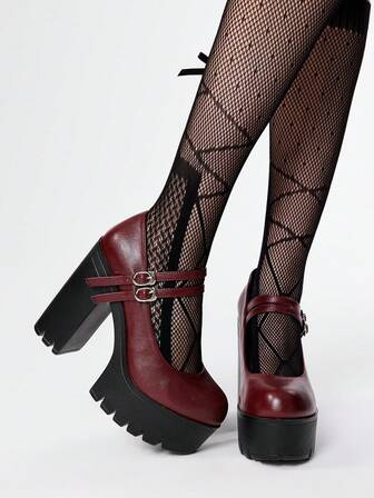 Goth Women's Sexy Thick Sole Platform Pumps, Spring/Autumn Fashion Solid Color Metal Double Strap Buckle High Heel Mary Jane Shoes