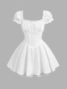 SHEIN Girlism Tween Girls Solid Frill Trim Ruched Bust Ruffle Hem White Cap Sleeves Double Hem Skort Romper Mini Dress White Dress Puffy Sleeve Dress
