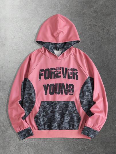 Street Life Men's Letter Camouflage Print Raglan Sleeve Pocket Casual Hoodie