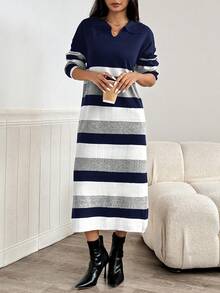 Modelyn Váy len kẻ sọc phối màu thường ngày dành cho nữ, Thu/Đông - Màu xanh hải quân - Xem 6