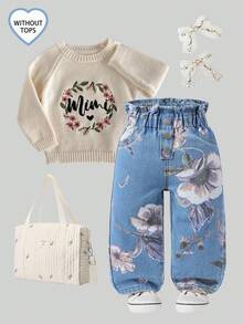 Quần dài denim lưng thun họa tiết hoa giản dị dễ thương cho bé gái - Rửa nhẹ - Xem 1