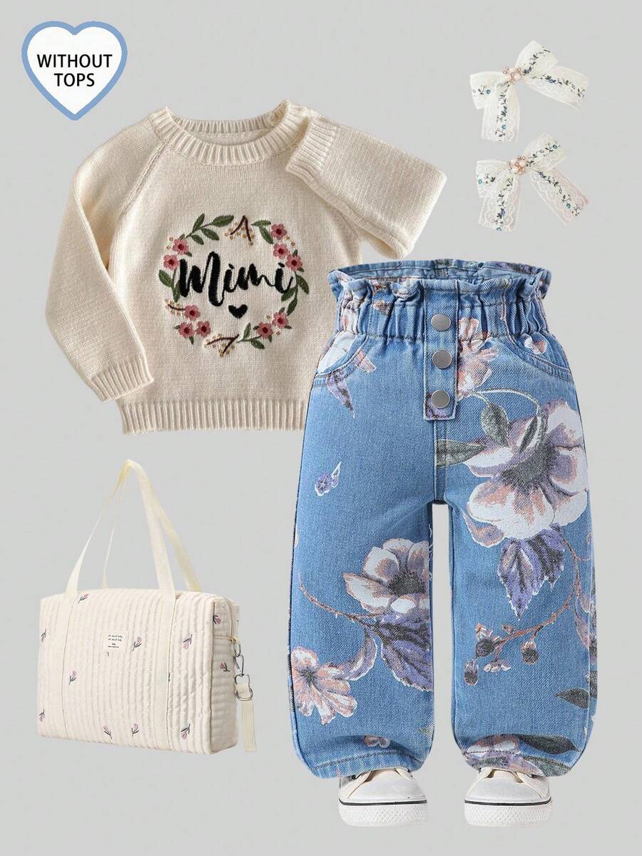 Quần dài denim lưng thun họa tiết hoa giản dị dễ thương cho bé gái - Rửa nhẹ - Xem 1