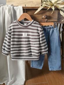 Vintaside Kids 男婴牛仔T恤套装（2件套），黑白条纹绒面面料，春、秋、冬三季保暖，乡村风格，时尚休闲 - 黑與白 - 查看 3