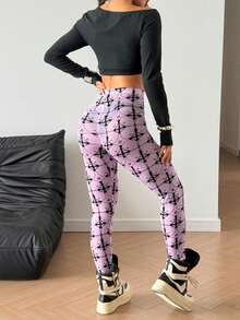 StreetHx Women's Black Sheer Mesh Punk Flocked Leggings - Purple - View 2