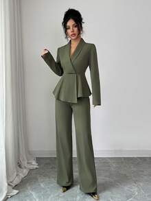SHEIN Elenzya Set di top con volant a collo scialle e pantaloni a gamba dritta, colore tinta unita, adatto per ufficio e pendolarismo - Verde - Visualizzare 3