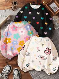 SHEIN Leap Crew Set de 3 sudaderas de ajuste holgado, suaves y cómodas con diseños de flores y corazones de la serie de dibujos animados de dopamina, en negro clásico, blanco crema y rosa crema, para niñas preadolescentes en otoño/invierno