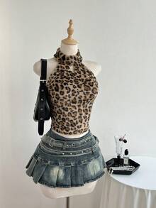 Elamini 性感豹纹毛绒露背吊带皮肩带上衣，秋冬款 - 彩色 - 查看 2