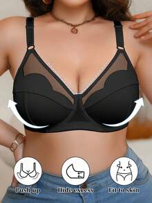 SHEIN 1pc Fashionable & Elegant Solid Color Mesh Patchwork Floral Trim Unlined Underwire Bra, Plus Size - Black - View 3