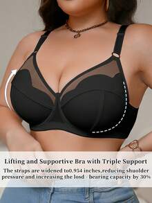 SHEIN 1pc Fashionable & Elegant Solid Color Mesh Patchwork Floral Trim Unlined Underwire Bra, Plus Size - Black - View 1