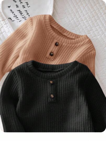 SHEIN 2pcs Newborn Baby Boy/Girl Grey & White Vintage Casual All-Match Decorative Button Crew Neck Long Sleeve Textured Knit Ribbed Pullover Tops, Versatile For Home & Outings, Autumn/Winter