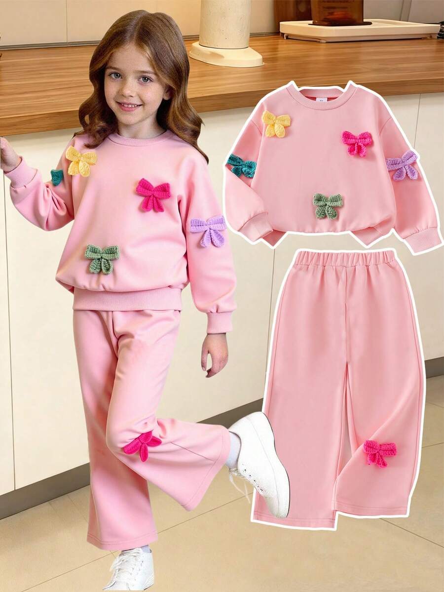 Elladie kids 2 peças/Conjunto Moletom de Gola Redonda de Manga Longa com Laço Colorido de Crochê e Calça para Meninas Jovens, Conjunto de Roupa Infantil Fofa e Estilosa de Desenho Animado para Outono/Inverno - Rosa chiclete - Visão 1