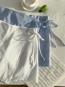 Comfortcana 大码女式 2 件套夏季休闲亚麻蝴蝶结条纹裤裙和白色抽绳裹身短裤套装，适合海滩度假 - 藍白色 - 查看 3