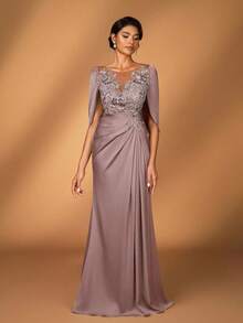 Serin 优雅奢华的刺绣蕾丝亮片拼接弹力缎面荷叶袖鱼尾连衣裙，适合婚礼、派对、度假、舞会、晚礼服、新娘母亲礼服、情人节等场合。 - 藕粉色 - 查看 3