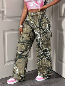 Slaydiva Women's Straight Leg Jeans, Loose Camouflage Straight Leg Trousers, Cargo Bag Trousers, Street Style, Everyday Wear, Y2K Trousers Babyphat Women Overalls Low Rise Jeans - Multicolor - View 4