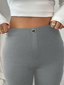 Elenzga Quần legging vải nhung tổng hợp lụa sữa thanh lịch cao cấp thiết kế giả có nút kim loại trang trí - Xám - Xem 7