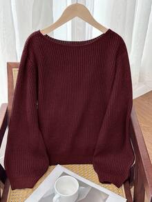 SHEIN Serisse Kids 少女纯色不对称领口长袖毛衣，适合秋冬季节和返校季穿着 - 酒紅色 - 查看 8