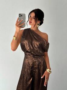 Firerie Conjunto de blusa suelta sin hombros asimétrica con detalles metálicos sin mangas y pantalones de pierna ancha con cintura elástica, adecuado para citas, fiestas, ir al trabajo, conciertos, graduaciones, atuendos de maestros, ocasiones formales - Marrón - Ver 4