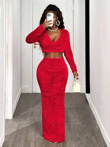 BamGleam Bộ 2 món áo crop top bồng bềnh và chân váy dài cho nữ - Đỏ - Xem 6