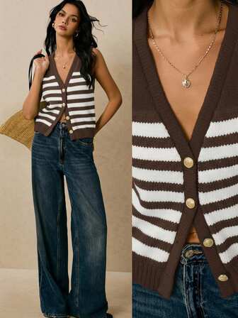 Poéselle Randig enkelknäppt stickad tröjväst för kvinnor, höst/vinter 70-tals tröjväst