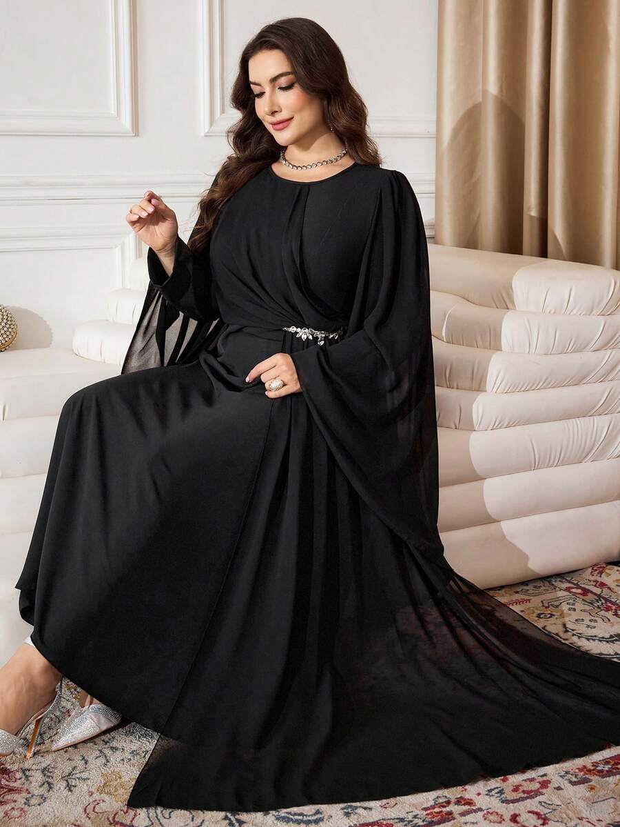 Modelyn Plus Size Women Crew Neck Flare Sleeve Patchwork Pleated Hem Elegant Dress