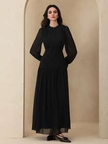 Graceveil Women's Elegant Chiffon Round Neck Decorative Button Dress, Black, Autumn/Winter - Black - View 3