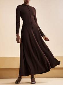 Zivah 2025秋冬新款通勤优雅棕色针织保暖磨毛腋下金属纽扣装饰女士长裙，适合旅行、购物、通勤、约会、派对、聚会、早午餐、机场穿着、圣诞节、新年、节日、不对称设计、女士办公室穿着、婚礼宾客礼服-A - 棕色 - 查看 6