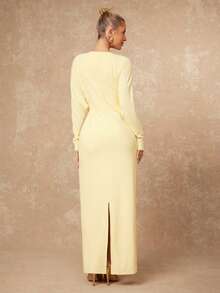 Lumalex VITNOS Damen blassgelbes elegantes Herbst Tee-Party Maxikleid, Puffärmel, gefaltete Taille, langes Hochzeitsgastkleid mit Metallknöpfen, Old Money Stil - Hellgelb - Übersicht 2