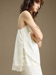 Ontre 女士象牙色缎纹斜纹面料，舒适柔软，蕾丝饰边，细肩带侧开衩设计，百搭时尚，尽显高雅气质，适合度假、都市休闲、商务通勤等多种场合，高品质机场穿搭上衣 - 白色 - 查看 8