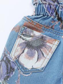 Quần dài denim lưng thun họa tiết hoa giản dị dễ thương cho bé gái - Rửa nhẹ - Xem 5