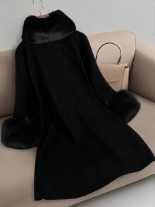 SHEIN PETITE 娇小女款兔毛领拼接休闲修身棉质外套，秋冬款