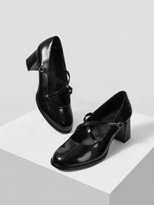 Mnmlis Casual Minimalist Black Chunky Heel Versatile Women's Pumps For Christmas - Black - View 4