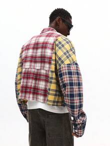 SUMWON 短款拼布格子纽扣衬衫长袖法兰绒领休闲男装 - 彩色 - 查看 2