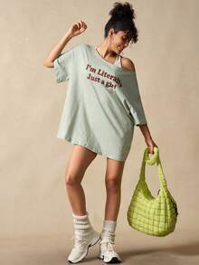 VARSIVA 字母印花宽松休闲圆领短袖T恤 - 綠色 - 查看 5