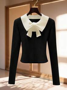 Franclia 女士休闲优雅黑白拼接纹理罗纹修身弹力长袖秋冬套头针织衫，秋冬季新年外出上衣 - 黑色 - 查看 1