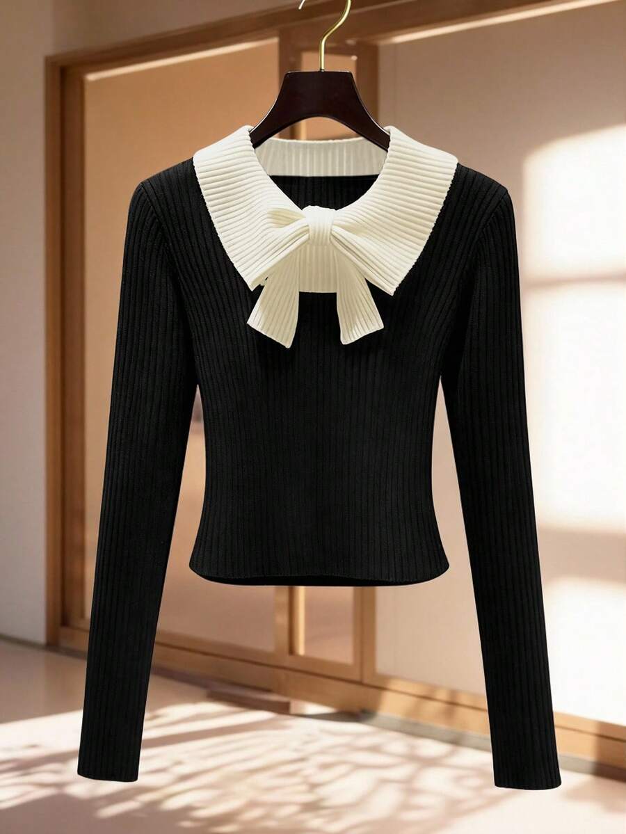 Franclia 女士休闲优雅黑白拼接纹理罗纹修身弹力长袖秋冬套头针织衫，秋冬季新年外出上衣 - 黑色 - 查看 1