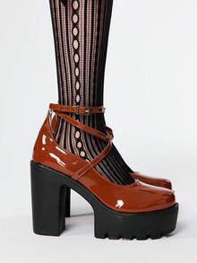 ROMWE Goth 女士闭趾交叉绑带玛丽珍鞋，朋克哥特厚底厚跟绑带搭扣JK制服鞋，防水正式工作高跟鞋 - 棕色 - 查看 4