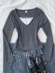 SHEIN Teen Girls Gray Striped Contrast Lace T-Shirt
