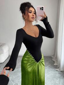 Elenzga Váy dài tay thời trang chắp vá dành cho nữ - màu xanh lá - Xem 4