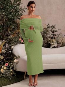 MaterniChic Fall Clothes,Autumn Clothes,Materity Autumn Clothes Maternity  Elegant Maternity Party Evening Gown, Solid Color Textured Fabric Ruched Foldover Off Shoulder Split Hem Fitted Dress - Green - View 3