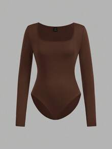 SHEIN EZwear 3件套女士休闲简约棕色卡其色米色方领长袖连体衣套装，秋冬季 - 彩色 - 查看 6