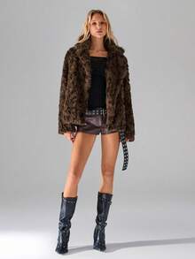 TRNVIE 1 件女士棕色豹纹仿皮草简约大衣，适合派对、圣诞节、情人节 - 棕色 - 查看 6