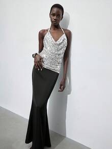 Maija Women's Solid Color Plunging Neckline Sequin Sexy Fashion Draped Neck Camisole Halloween Costumes Christmas Women's Clothing   Party Outfit Sequin Top  White Top Halloween Costumes  Sequin Top White Top Sexy Halloween Costumes For Women