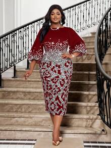 SHEIN Lady 春夏优雅通勤办公室豹纹仿钻针织圆领铅笔喇叭袖中长袖大码连衣裙女夏装女装夏装女装大码夏装 - 彩色 - 查看 4