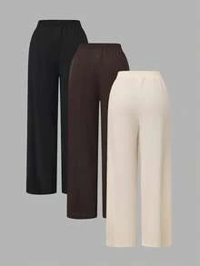 Conjunto de 3 piezas de pantalones casuales rectos y sueltos de cintura elástica con cordón para mujer de talla grande - Multicolor - Ver 2