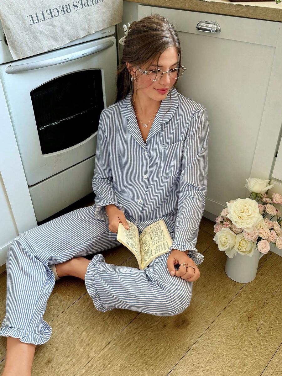 Women's Button-Up Long Sleeve Top & Straight Leg Striped Casual Pants Pajama Set Cozy And Elegant Details, Fall Winter Clothes